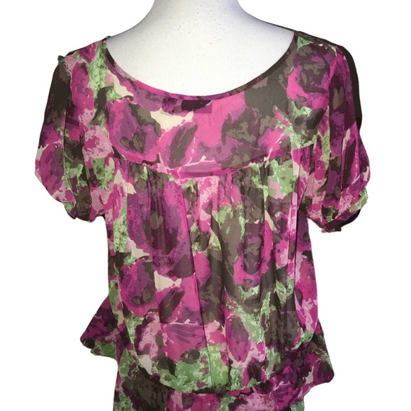 A.N.A A NEW APPROACH PINK GREEN FLORAL SEMI SHEER BLOUSE LARGE - Picture 2 of 4
